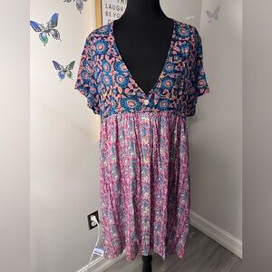 Floral Mixed-Print Knee Length Dress in Navy, Pink & Cream